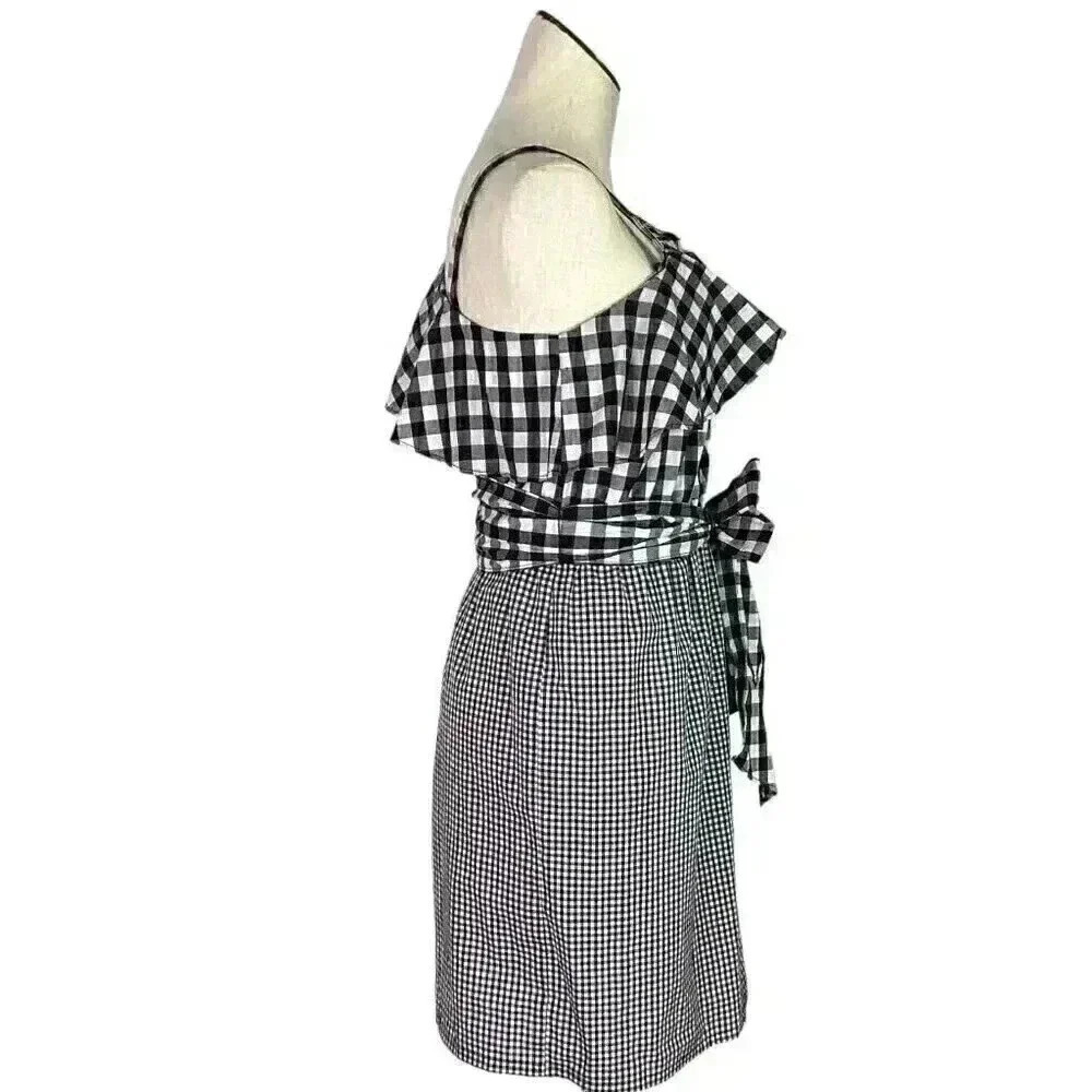 Calvin Klein Dress Women 4 Black White One Shoulder Flounce Cotton Blend Gingham - Picture 5 of 8